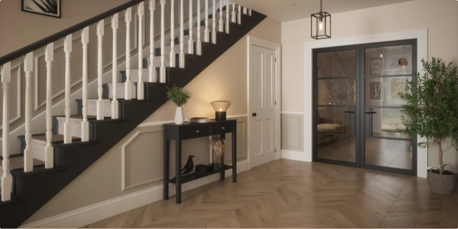 double black glazed doors beside staircase