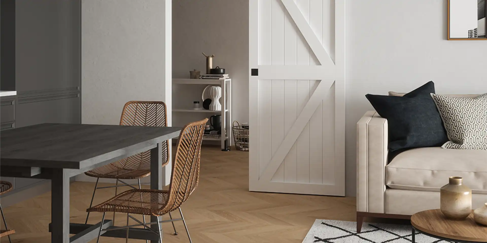 Decorative Panel Collection white door beside white sofa