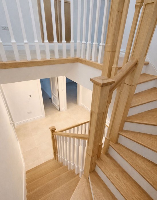 softwood cut string stairs oak posts detail
