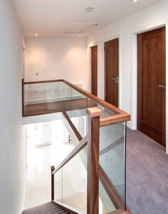 recessed glass walnut banister