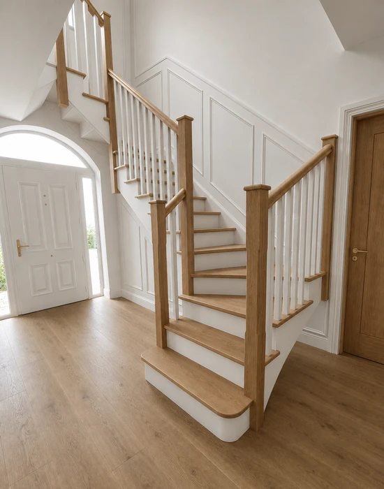 softwood cut string oak treads white spindles